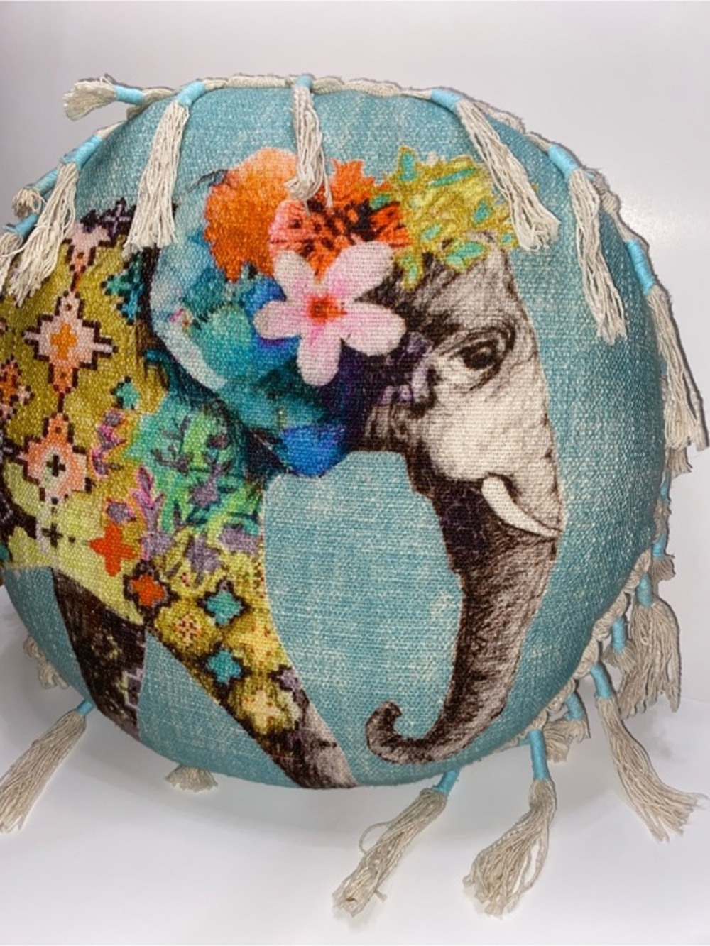 Boho Elephant Round Accent Pillow in Aqua, Unique Bohemian Pillow